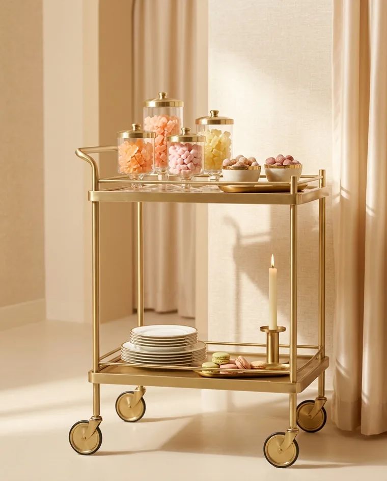 Carrito de snacks dorado con dulces, macarons y una vela encendida